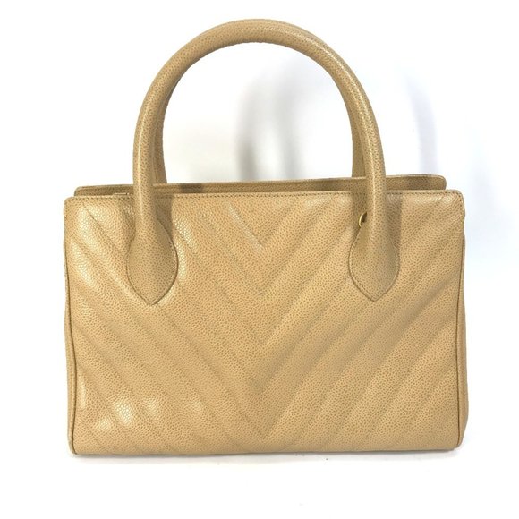 CHANEL Chevron V-Stitch Vintage Tote Bag, Caviar Leather, Women's, Beige - Picture 1 of 10
